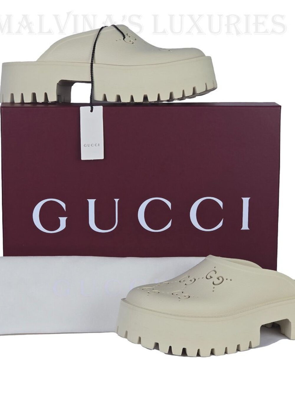 GUCCI SHOES ELEA PERFORATED RUBBER GG LOGO PLATFORM MULES SANDALS - Picture 5 of 16